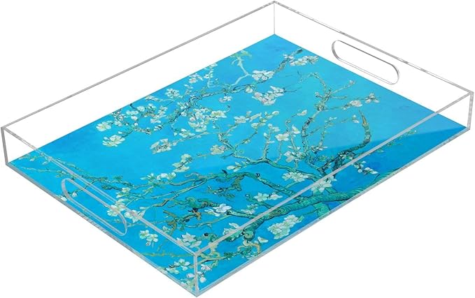 Serving Tray with Handles Clear Acrylic Tray 12x16 Inch Decorative Rectangular Tray Organizer for Ottoman Coffee Table Bathroom Van Gogh Almond Blossoms Blue