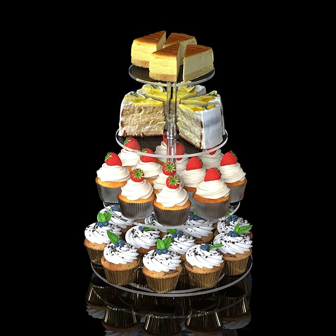 4-Tier Rotating Cupcake Stand, Clear Acrylic 360° Spinning Dessert Display Tower for Cakes & Pastries, Serving Stand for Weddings, Birthdays, Parties