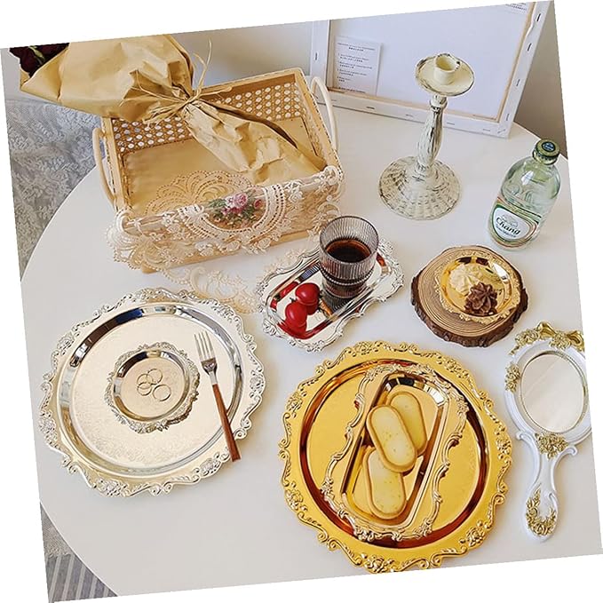 2 Pcs Premium Stainless Steel Food Serving Tray Silver and Gold Multi-Functional Plates for Desserts Fruits Snacks for Weddings Parties Restaurants and Home Use
