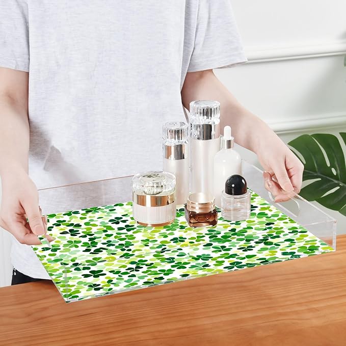 Serving Tray with Handles Clear Acrylic Tray 12x16 Inch Decorative Rectangular Tray Organizer for Ottoman Coffee Table Bathroom Bright Green Clover St. Patrick