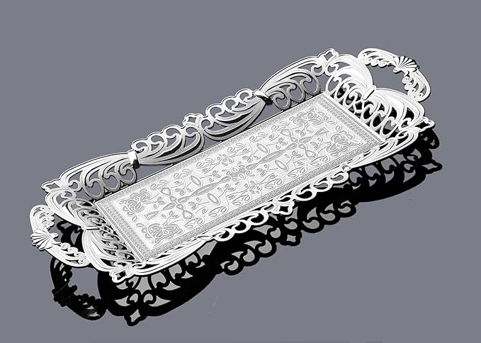 Turkish Tea Coffee Serving Tray with Handles Ottoman Decorative (Silver)