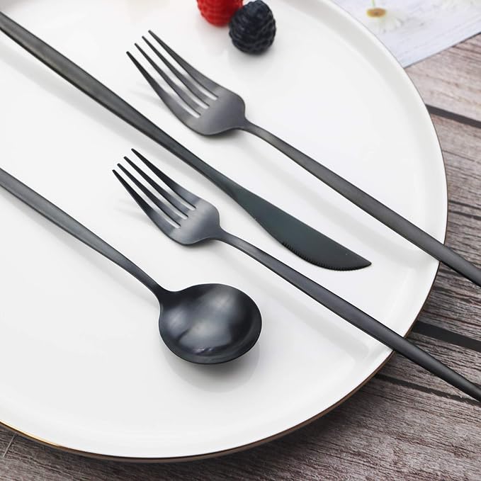 Black Silverware Set JASHII 40 Pieces Flatware Set 304 Stainless Steel Flat Cutlery Set for 8 Matte Kitchen Forks Knife Spoons Set, Satin Finish Tableware Set for Home and Restaurant, Dishwasher Safe