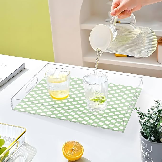 Serving Tray with Handles Clear Acrylic Tray 12x16 Inch Decorative Rectangular Tray Organizer for Ottoman Coffee Table Bathroom Polka Dots Green