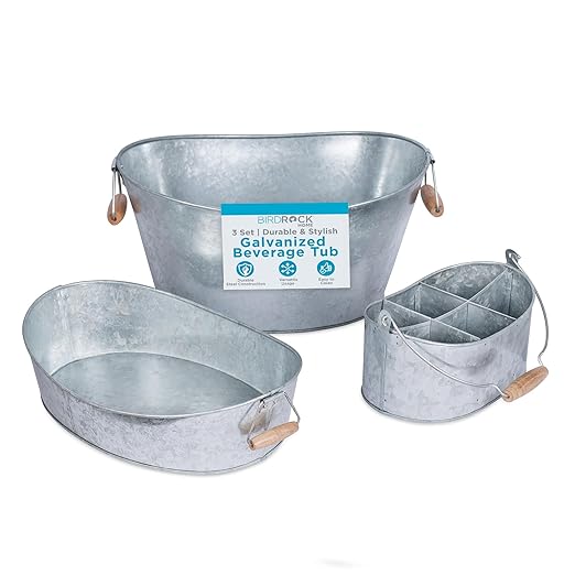 BIRDROCK HOME Galvanized Beverage Tub, Caddy and Tray Set - 3 Piece - Party Tray Platter Drink Holder - Silverware Caddy - Wooden Handles