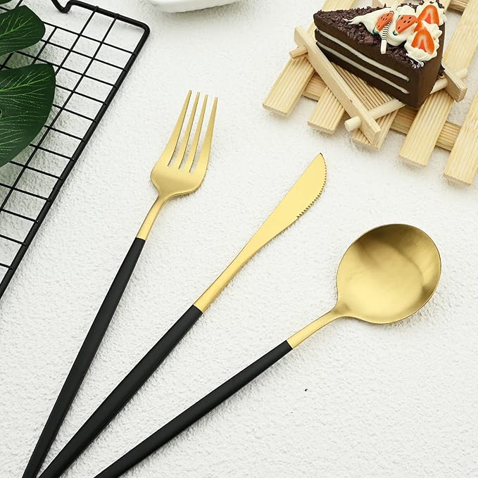 30-piece Black and Gold Silverware Set with Steak Knives for 6, 18/0 Stainless Steel Flatware Cutlery Set, Hand Wash Recommended,Matte Finished