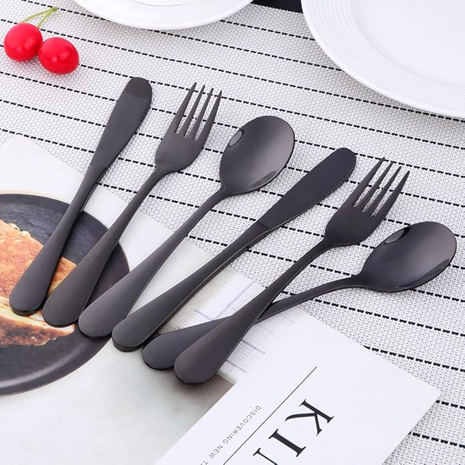 Flatware Silverware sets, 6pcs 18/8 Stainless Steel Cutlery Serving for 2, BPA-free Children Self-feeding Safe Kitchen Utensils, Mirror Polished (Black)