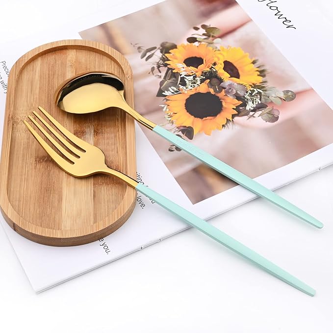 30-Piece Snplowum Mirror Flatware Serving Set, 18/0 Stainless Steel Dinnerware With Mint Green Handle, Modern Durable Home Kitchen Eating Tableware Set Service For 6 (Mint Green Gold)