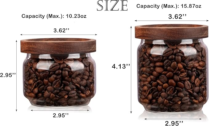 WHJY 2 pack 10oz Glass Storage Containers with Wooden Lids Airtight Food Canister for Tea Sugar Dry Goods Clear Coffee Jars for Kitchen Pantry