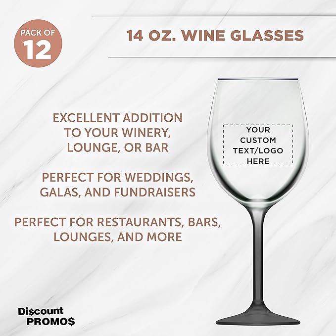 Custom Wine Glasses 14 oz. Set of 12, Personalized Bulk Pack - Restaurant Glassware, Perfect for Red Wine, White Wine, Cocktails and More - Black