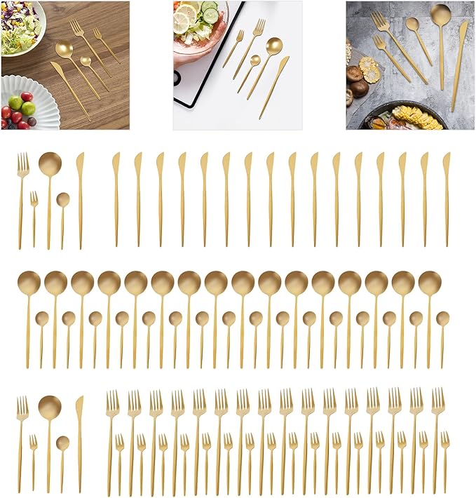 90PCS Gold Dinnerware Set, Gold Flatware Cutlery Set, Stainless Steel Utensils Set for Home Restaurant