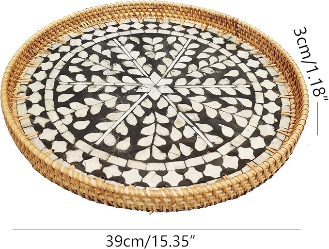 i-lan 16 Inch Rattan Round Serving Tray with Beige MOP Wooden Base, Large Wicker Ottoman Serving Platter with 1”Side, Woven Basket Plates for Home Décor, Coffee Table, Display