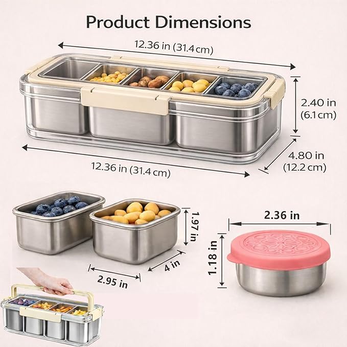 Metal Snackle Box Set, German-Inspired Stainless Steel Design, Leak-Resistant 2-Pack Snack Tray Organizer with 8-Container Removable Tray System, Dipping Cups Included for Travel Family Parties