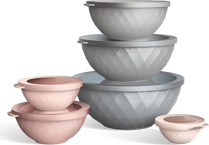 COOK WITH COLOR Mixing Bowls with Lids - 12 Piece Plastic Nesting Bowls Set includes 6 Prep Bowls and 6 Lids, Diamond Design - Microwave Safe, Pink and Grey