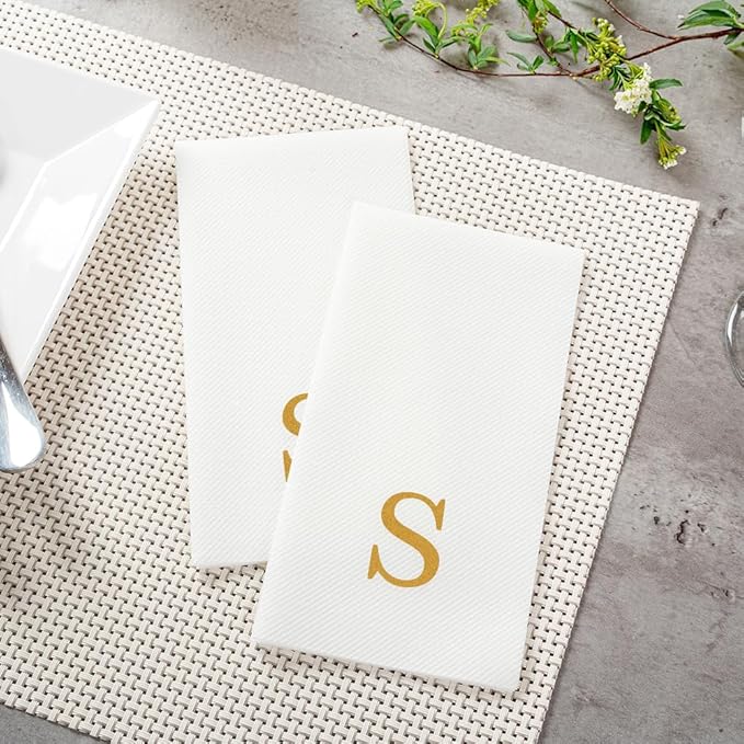 Luxenap 15.8 X 7.9 Inch Linen-Feel Guest Towels, 2000 Lettered Hand Towels - Gold Letter 'S', Sans Serif Font, White Paper Dinner Napkins, airlaid, For Restrooms And Tables