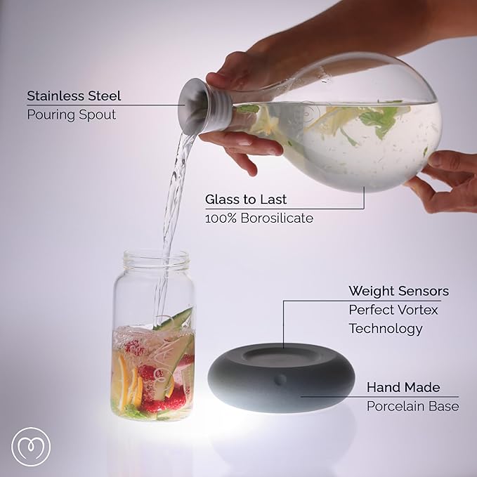 MAYU Swirl, Structured Water Device, 1.5 Liter Glass Pitcher, Rechargeable Ceramic Base (Graystone), Enhance Reverse Osmosis, Purified or Filtered Water, Vortex Oxygenates, Supports Cellular Hydration
