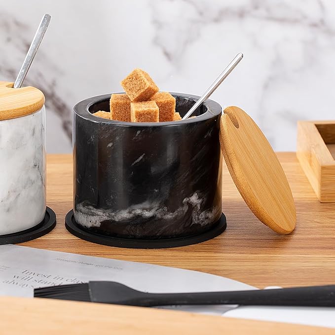 Marble Sugar Bowl with Lid & Spoon, Sugar Container 11oz,Sugar Dispenser Handcrafted from Natural Marble, Smooth Inside (Black)