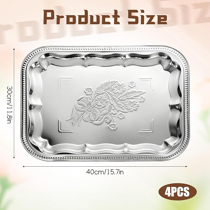 4 Pcs Large Silver Serving Trays, 15.7" x 11.8" Stainless Steel Rectangle Serving Tray, Decorative Silver Plates, Floral Engraved Tray, Metal Sizzler Plates for Coffee Table, Bar, Party, Club, Home