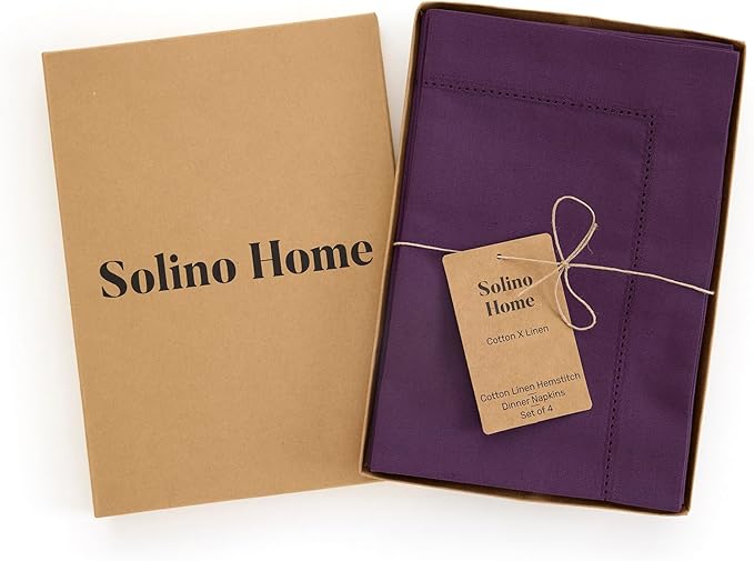 Solino Home Purple Napkins Set of 4 - Cotton Linen Hemstitch Dinner Napkins Cloth 20 x 20 Inch for Valentines - Handcrafted and Machine Washable