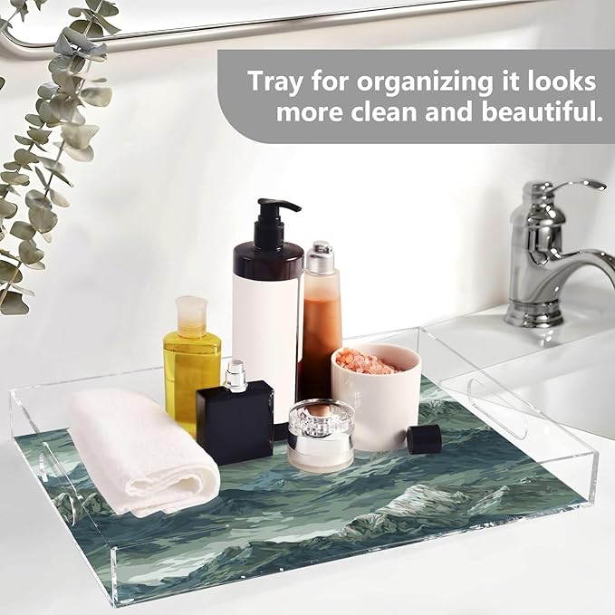 Serving Tray with Handles Clear Acrylic Tray 12x16 Inch Decorative Rectangular Tray Organizer for Ottoman Coffee Table Bathroom Green Camounflage Mountain