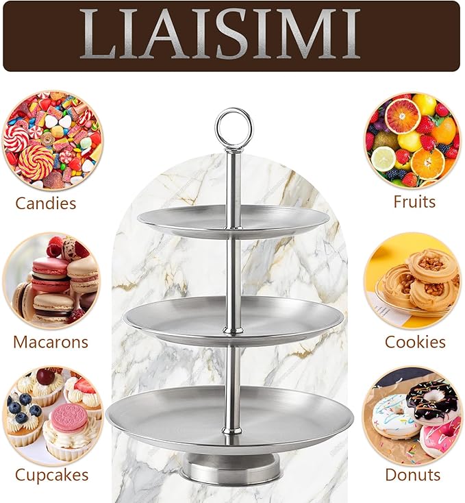 3 Tier Silver Metal Cupcake Stand Holder,Stainless Steel Cup Cake Stand Tower with Tiered Serving Tray and Base for Parties,Weddings,Birthdays and Any Festivals and Celebrations(2 Pack)