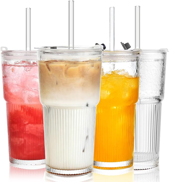 ALINK 20oz Glass Tumblers with Lids and Straws, Set of 4 - Stylish Ribbed Design Drinking Glasses for Iced Coffee Cups, Juice, Smoothies, Cold Beverages, Includes Cleaning Brush, Durable Glassware