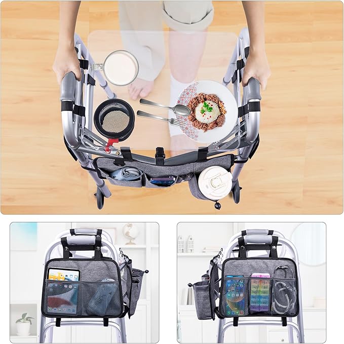 BAGSFY Clear View Walker Tray with Cup Holder & Front, Side Pockets, Transparent Folding Walker Table for Seniors, 8.8lbs Load-Bearing Sturdy PP Tray, Universal Fit Walker Accessory for Elderly