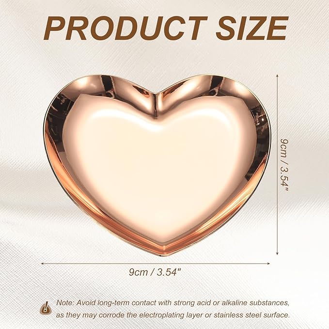 uxcell Heart Shape Serving Trays, 3.54" Stainless Steel Decorative Jewelry Dish, Small Vanity Tray for Bathroom Aromatherapy Candle Drink Plate,Rose Gold