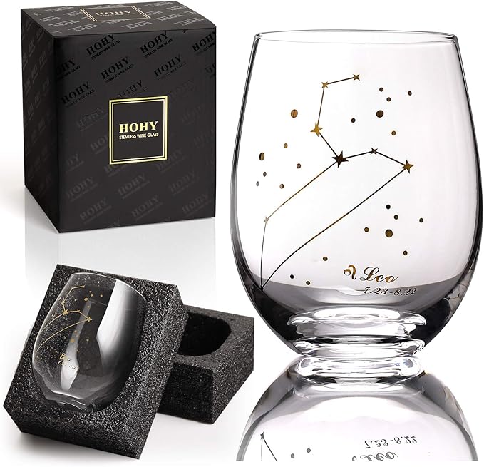 HOHY Leo Zodiac Wine Glass 20 Oz, Leo Zodiac Birthday Horoscope Wine Gifts for Women, Birthday Wine Glass Astrology Constellation Christmas Gifts for Women, Constellation Wine Glasses Golden