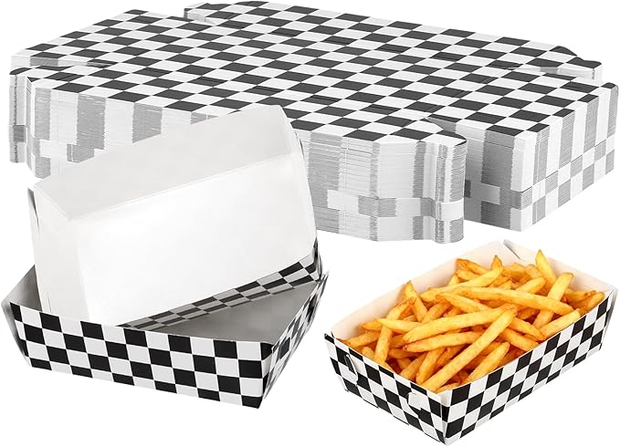 100 PCS Black White Checkered Disposable Paper Food Trays, Leak-Proof Party Food Boats for Truck Sports Event Outdoor Activities