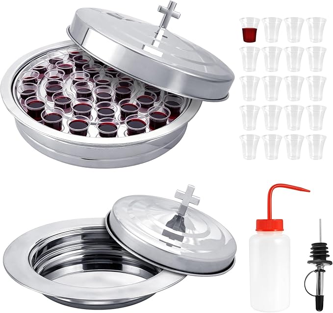 Stainless Steel Communion Tray Set for Church – 1Pcs Communion Wine Tray with 1 Lid & 1Pcs Bread Plate with Lid, Includes 100 Disposable Cups, Cups Filler