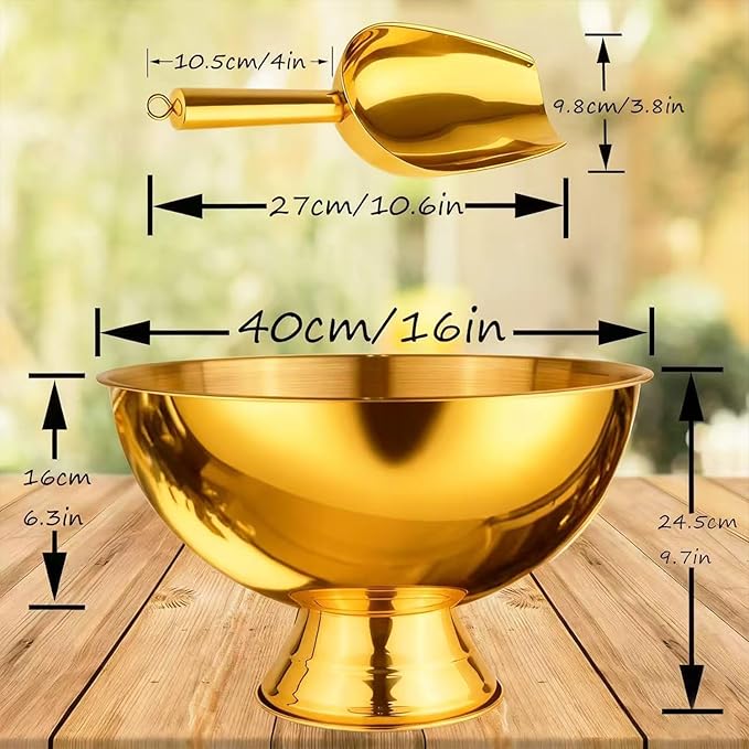 Large Ice Bucket 13L Stainless Steel Champagne Bowl Ice Bucket with Ice Scoop Semicircle Drink Tub with Integrated Base Silver Beverage Tub for Parties, Cocktail Bar, Chilling Wine (2 Packs-Gold)
