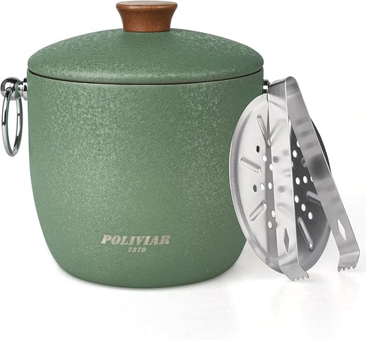 POLIVIAR Ice Bucket, 2.5L Double Wall Ice Bucket with Lid, Stainless Steel Ice Bucket with Tong & Strainer, Ice Bucket for Cocktail Bar, Home & Parties, JX2023-IBLG