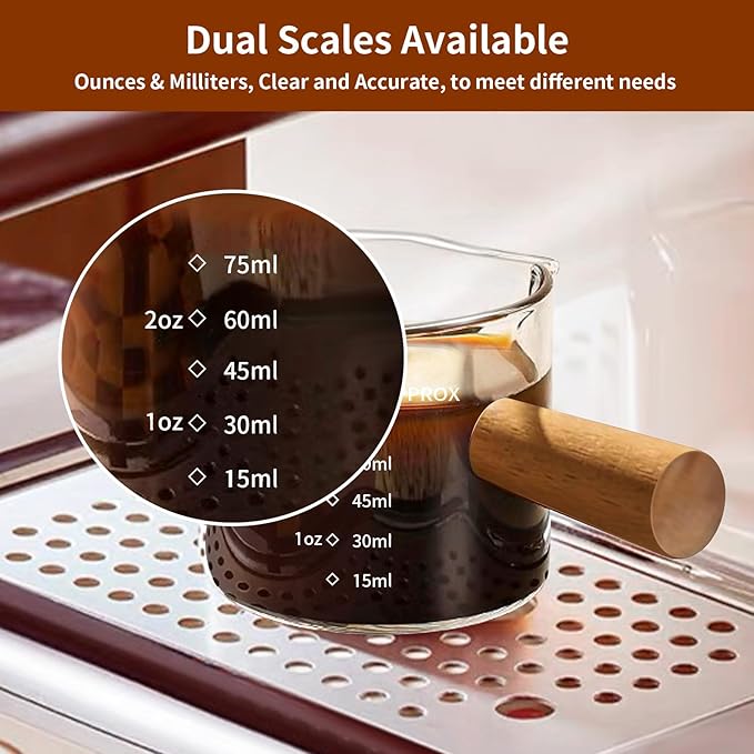 YARRAMATE 2.5 oz/75ML Espresso Cups with Wood Handle, Clear Glass Espresso Accessories, Double Spout Measuring Cup with Dual Scale, Espresso Shot Glass with V-Shaped Spout, Dishwasher Safe