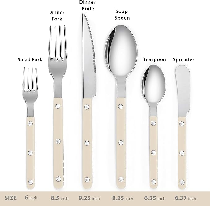 6-Piece Stainless Steel Flatware Silverware Cutlery Set - Color Handle with Rivet/Retro Style - Includes Dinner Knife; Dinner Fork; Salad Fork; Soup Spoon; Teaspoon; Spreader (IVORY)