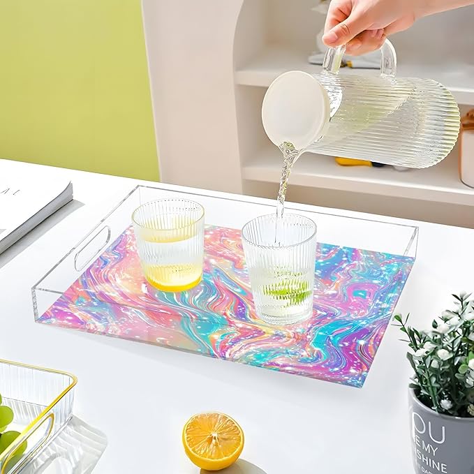 Serving Tray with Handles Clear Acrylic Tray 12x16 Inch Decorative Rectangular Tray Organizer for Ottoman Coffee Table Bathroom Pink Liquid Gradient