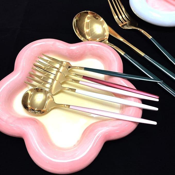 Gugrida 30Pcs Mirror Polish White Handle Gold Spoon Cutlery Set 304 Stainless Steel Dinnerware Set Kitchen Tableware Set Fruit Cake Fork Flatware Silverware Table Set,Service for 6