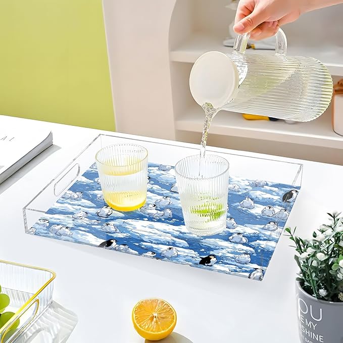 Serving Tray with Handles Clear Acrylic Tray 12x16 Inch Decorative Rectangular Tray Organizer for Ottoman Coffee Table Bathroom Blue Penguins Ice Floes Snow Water