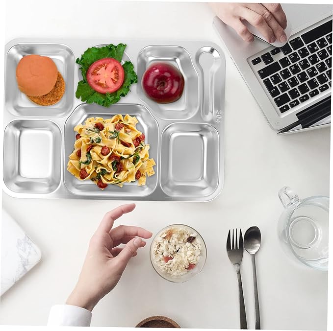 Healifty Stainless Steel Divided Food Serving Tray Sections Compartment Plate for Dining Camping and Picnics Safe and Easy to Clean Eating Plate