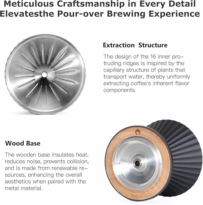 Pour Over Coffee Dripper Drip Coffee Pour Over Maker Resuable Blossom Cone Funnel Stainless Steel Metal Coffee Filter for Travel, Camping, Office, Home, Coffee Maker Brew (Midnight Black)