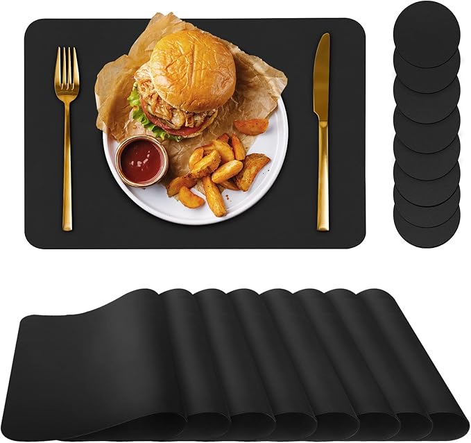 Bacgnyer Placemats Set of 8, Placemat with Coasters Heat Stain Scratch Resistant Non-Slip Waterproof Oil-Proof Washable Wipeable Outdoor Indoor for Dining Patio Table Kitchen Decor and Kids (Black 8)