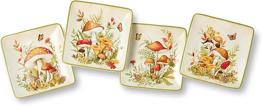 Woodland Critters 6" Square Ceramic Canape, Luncheon & Dessert Plates – Set of 4 Forest Mushroom Designs – Fall Appetizer Plates for Snacks, Cakes, Hors d'oeuvres, or Seasonal Gifting