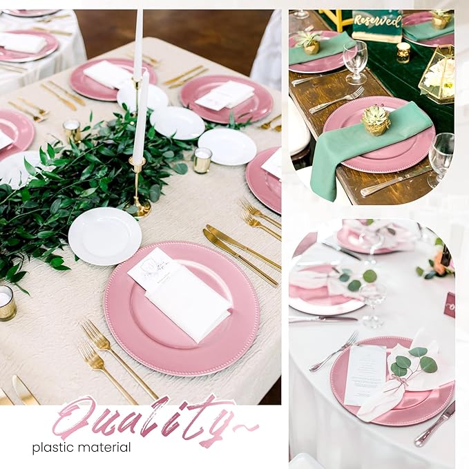 50 Pcs Pink Charger Plates Bulk, 13" Round Beaded Plate for Dinner, Decorative Plastic Table Chargers for Wedding, Holiday Party, Baby Shower, Event Decoration