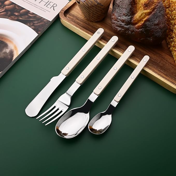 Beige Handle Silverware Set, Uniturcky 24-Piece Stainless Steel Flatware Set for 6, Tableware Eating Utensils for Daily Use and Party, Camping Cutlery Set with Color Handle