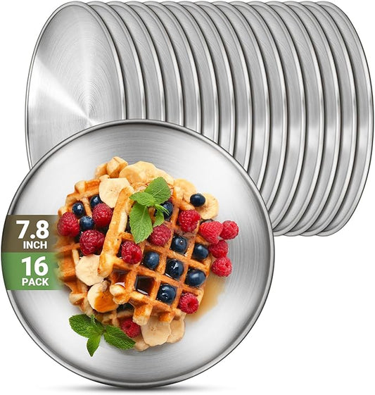 16 Stainless Steel Plates, 7.8 inch 304(18/8) Metal Camping Plate, Reusable Food Serving Dish Snack Eating Dishes Round Shatterproof Plate Silver Dinnerware for BBQ Dinner Oven Dishwasher Safe