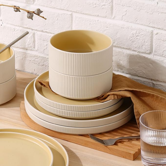 MONITO Ceramic Dinnerware Sets for 4, 18PCS Stoneware Plates and Bowls Sets, Reactive Glaze Dish Set, Chip and Scratch Resistant Double, Microwave and Dishwasher Safe, White Orange