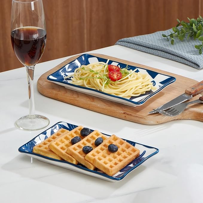 ONEMORE Appetizer Plates Set of 4, 7.5 in Small Serving Plates, Porcelain Rectangular Platters for Dessert Salad Sushi, Blue and White Dinner Plates Microwave Oven & Dishwasher Safe, Scratch Resistant