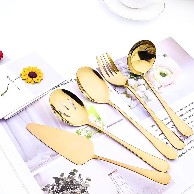 35-Piece Mirror Gold Flatware Set, 18/0 Stainless Steel Cutlery Set With Seriving Utensils For 6, Home Restaurant Silverware Set With Cake Knife, Colander, Soup Spoon, Dishwasher Safe