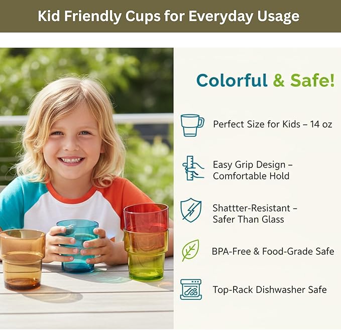 WowProLiv 14 oz Plastic Stackable Drinking Tumblers, BPA-Free, Dishwasher Safe, Durable Shatterproof Reusable Kid Cups, Everyday Water/Juice Glasses for Indoor/Outdoor (Set of 8, Gift Box)