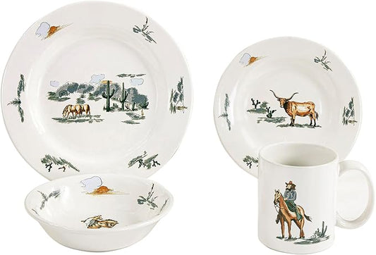 Paseo Road Ranch Life 16 Piece Ceramic Dinnerware Set with Plates, Bowls, Coffee Mugs, Duffle Bag, Cow Longhorn Horse Cowboy Pattern, Southwestern Rustic Cabin Lodge Style