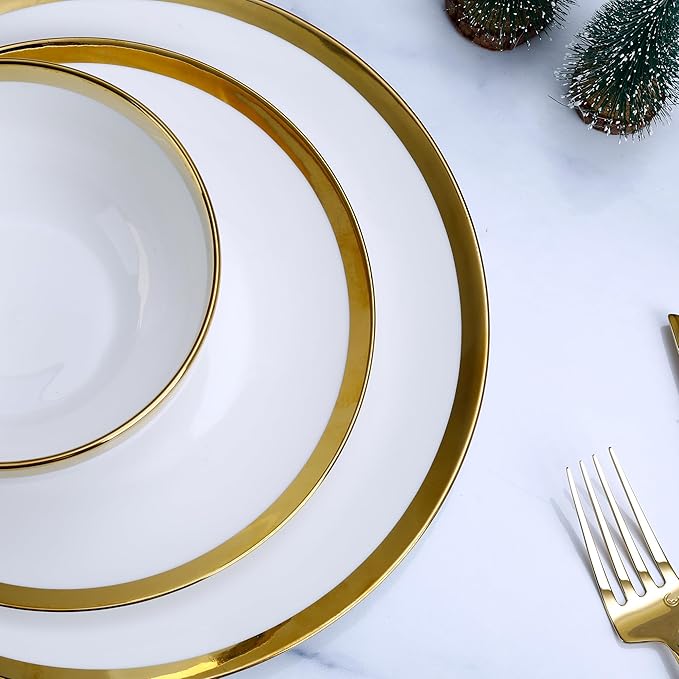 Luxury 12-Piece white Dinnerware Set with Gold Rim for 4,Elegant White bone china Porcelain Plates & Bowls, Microwave and Dishwasher Safe, Chip Resistant Fine Dining Set